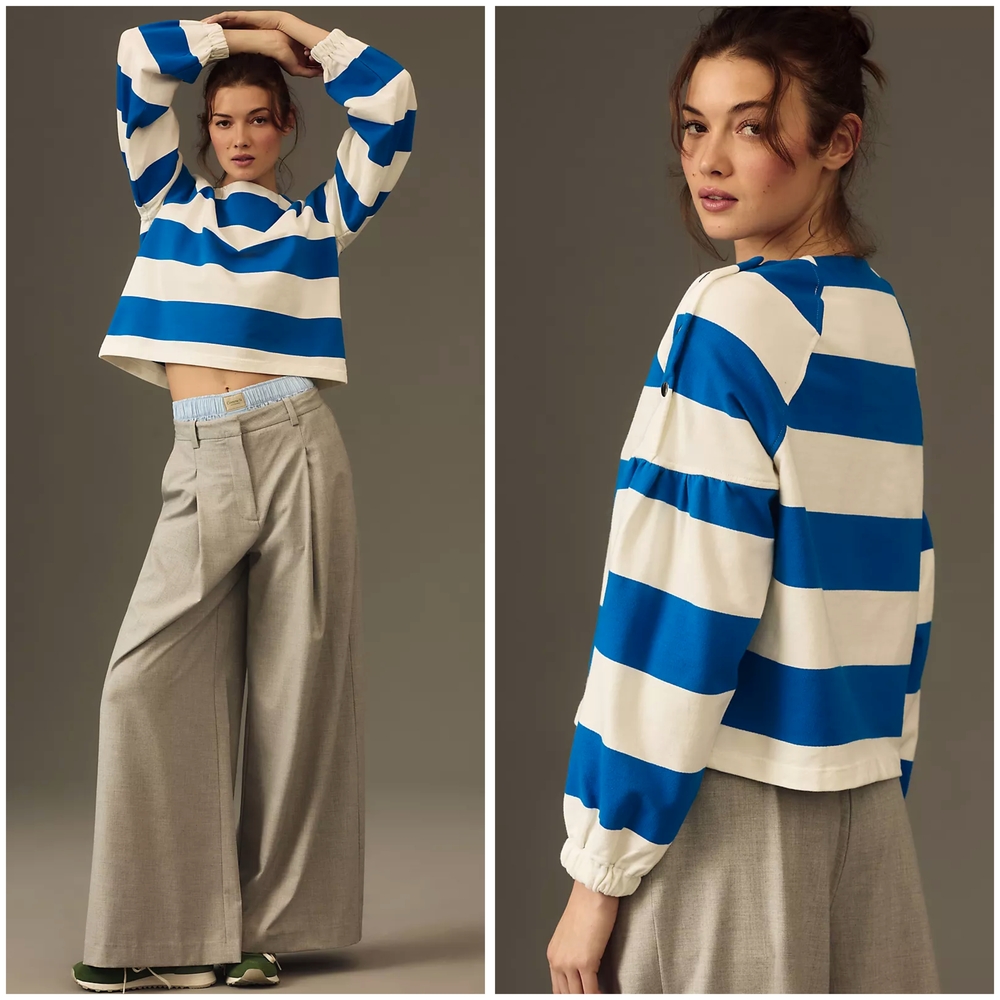 NWT, Anthropologie, French Terry Blue and White Striped Sweatshirt